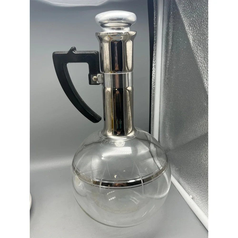 Vtg Mid-Century Glass‎ Beverage Decanter Hot or cold Cork Stopper Mirrored Neck